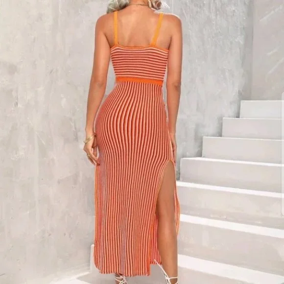 Sherbet striped cutout split hem midi dress summer beachy vacay trendy - Picture 4 of 7